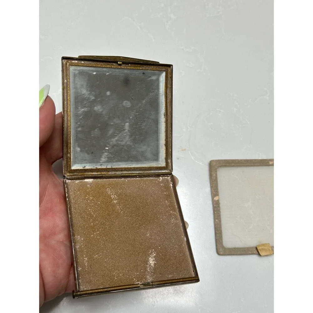 Vintage 1940s Map of France Compact Brass Mirror Powder Sifter European Souvenir